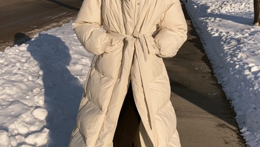 puffer jacket outfit long cream coat snow