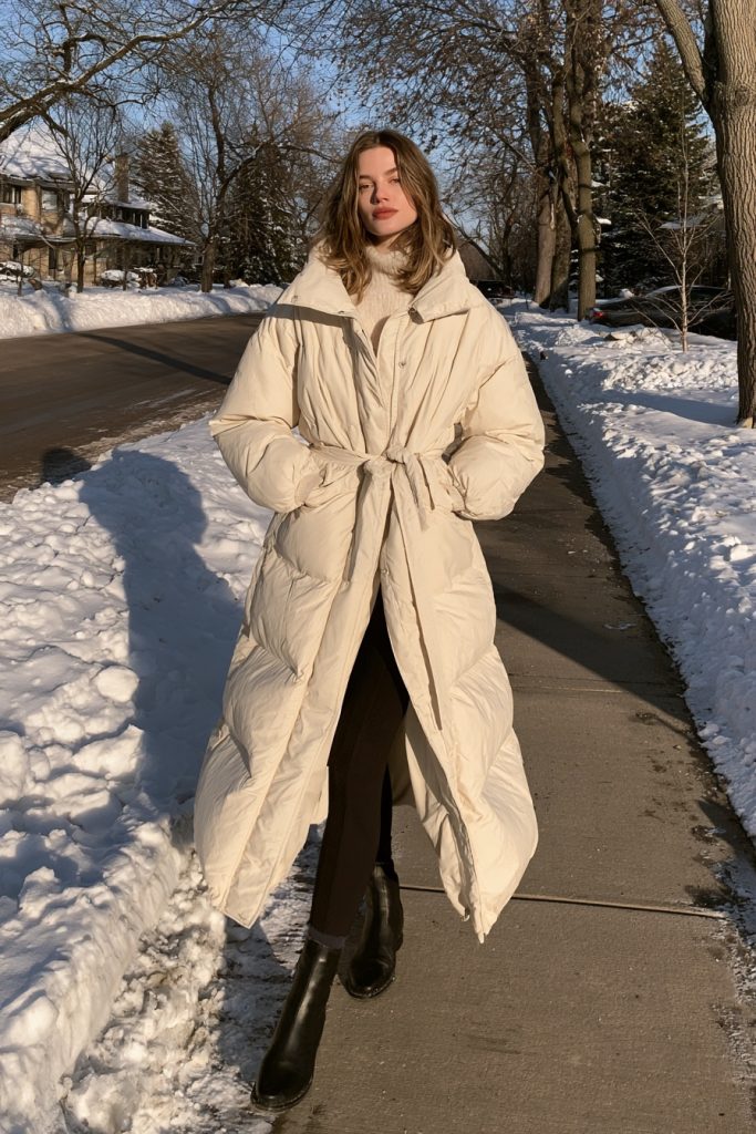 Woman in a long cream belted puffer coat with black boots standing on a snowy sidewalk