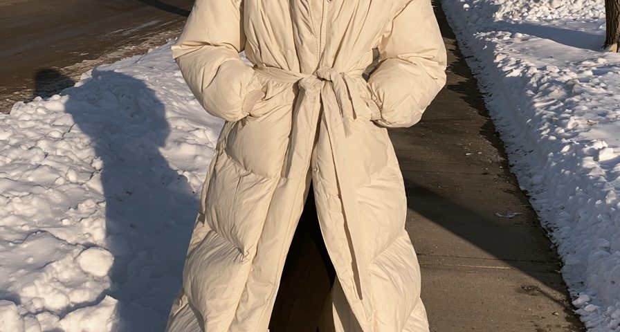 puffer jacket outfit long cream coat snow