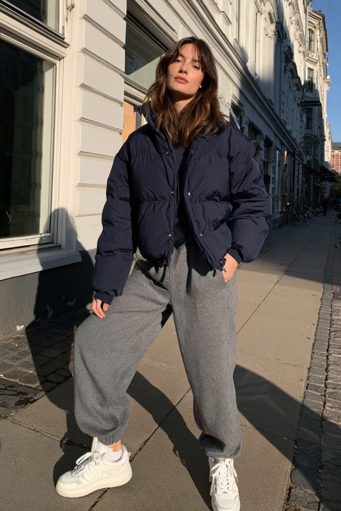 Woman in a short navy puffer jacket with grey knit trousers and white sneakers standing on a stone sidewalk