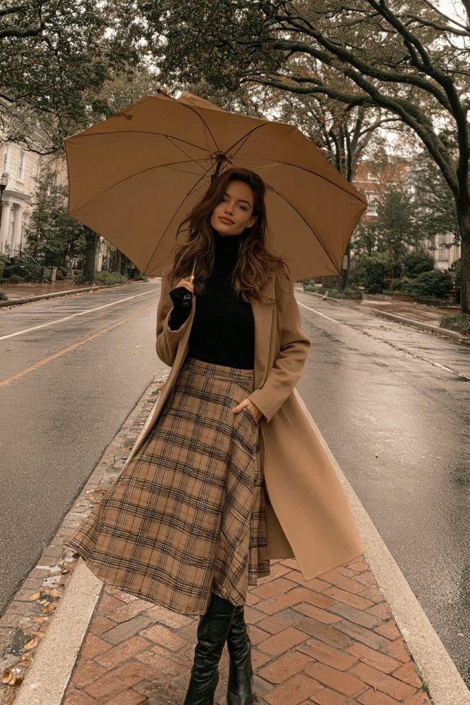 Woman with a tan umbrella in a camel coat over a black turtleneck and a brown plaid midi skirt with tall black boots on a brick sidewalk