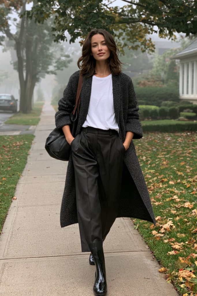Woman in a long charcoal knit cardigan coat over a white tee and black wide-leg trousers with black ankle boots and a dark shoulder bag on a foggy sidewalk with fallen leaves