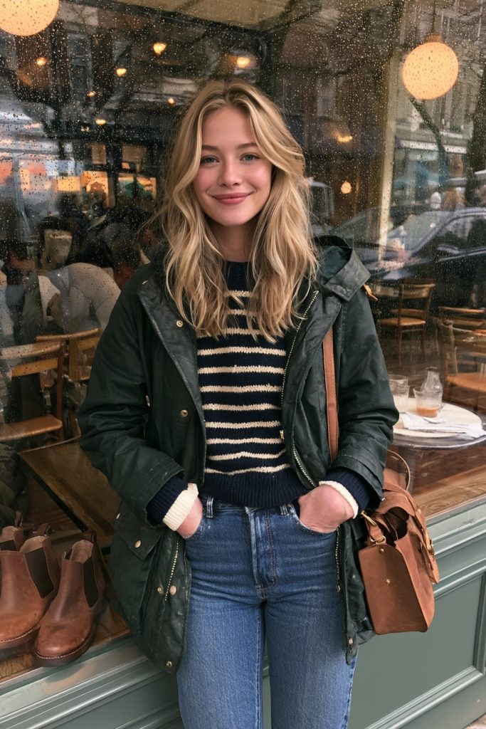 Smiling blonde woman in a dark green jacket over a navy and cream striped sweater and light blue jeans with a brown handbag, standing at a cafe window