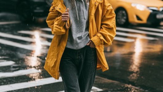 rainy fall outfit mustard rain jacket clear umbrella