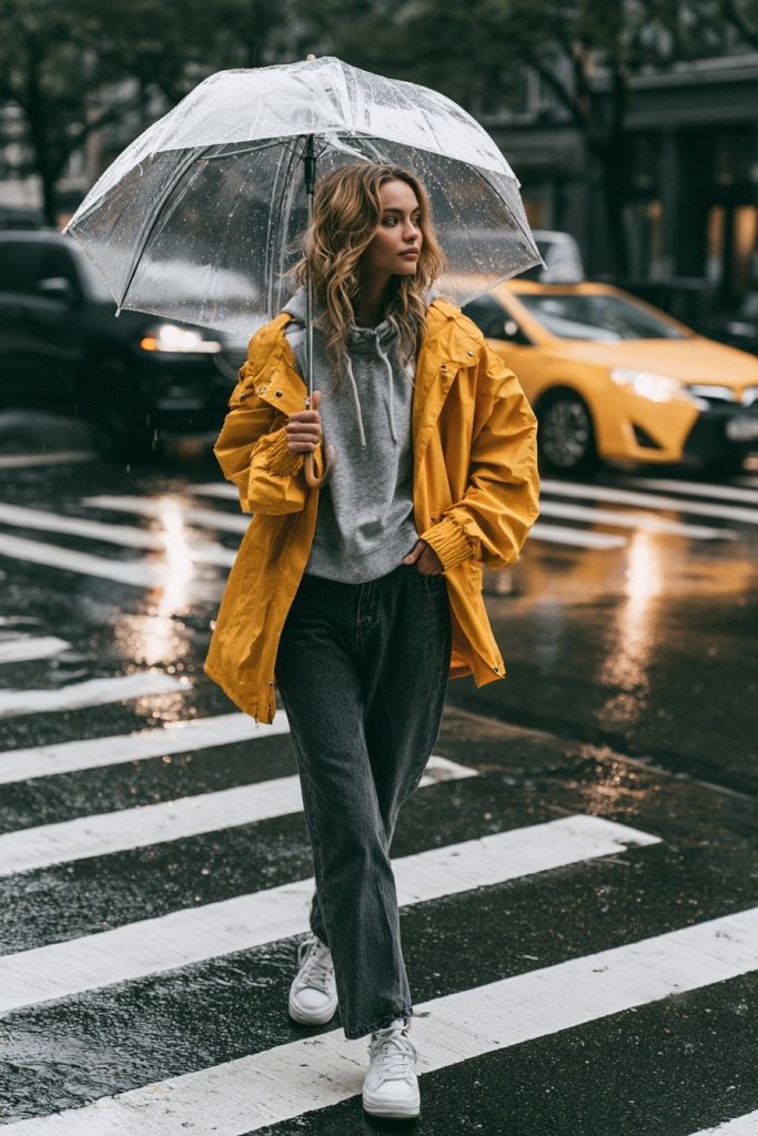 Woman in a mustard yellow rain jacket over a grey hoodie and dark trousers with white sneakers, holding a clear umbrella on a striped crosswalk with a yellow taxi behind