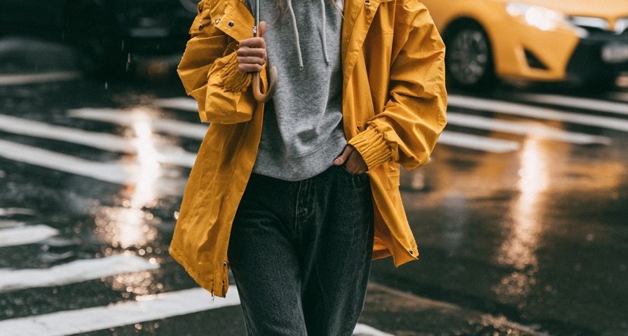 rainy fall outfit mustard rain jacket clear umbrella