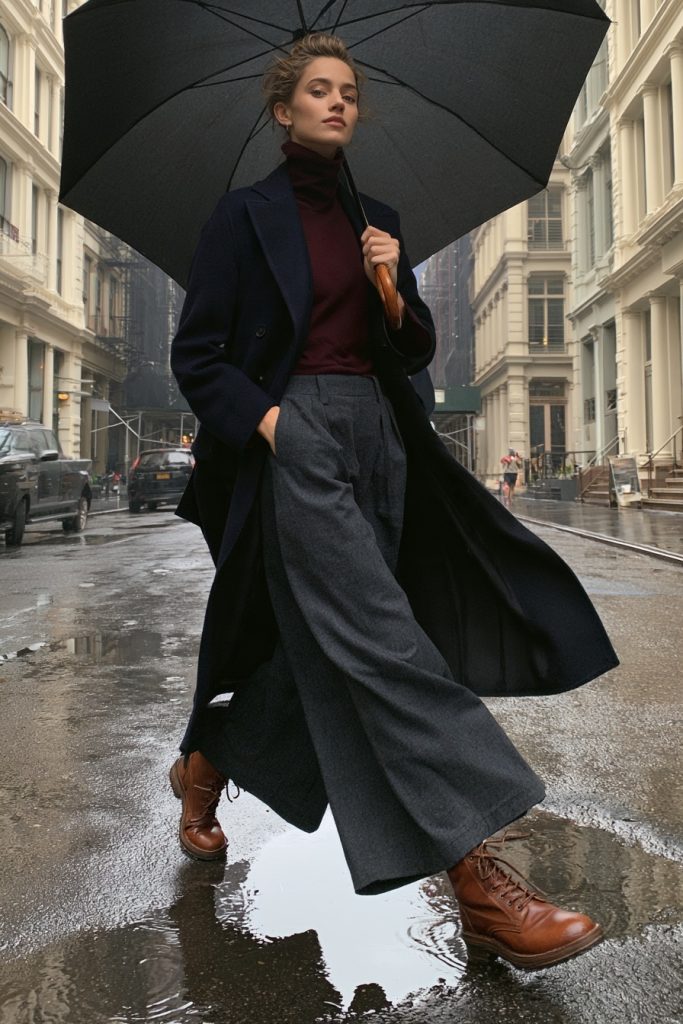 Woman holding a black umbrella in a long navy coat over a burgundy turtleneck and grey wide-leg trousers with brown leather lace-up boots beside a puddle