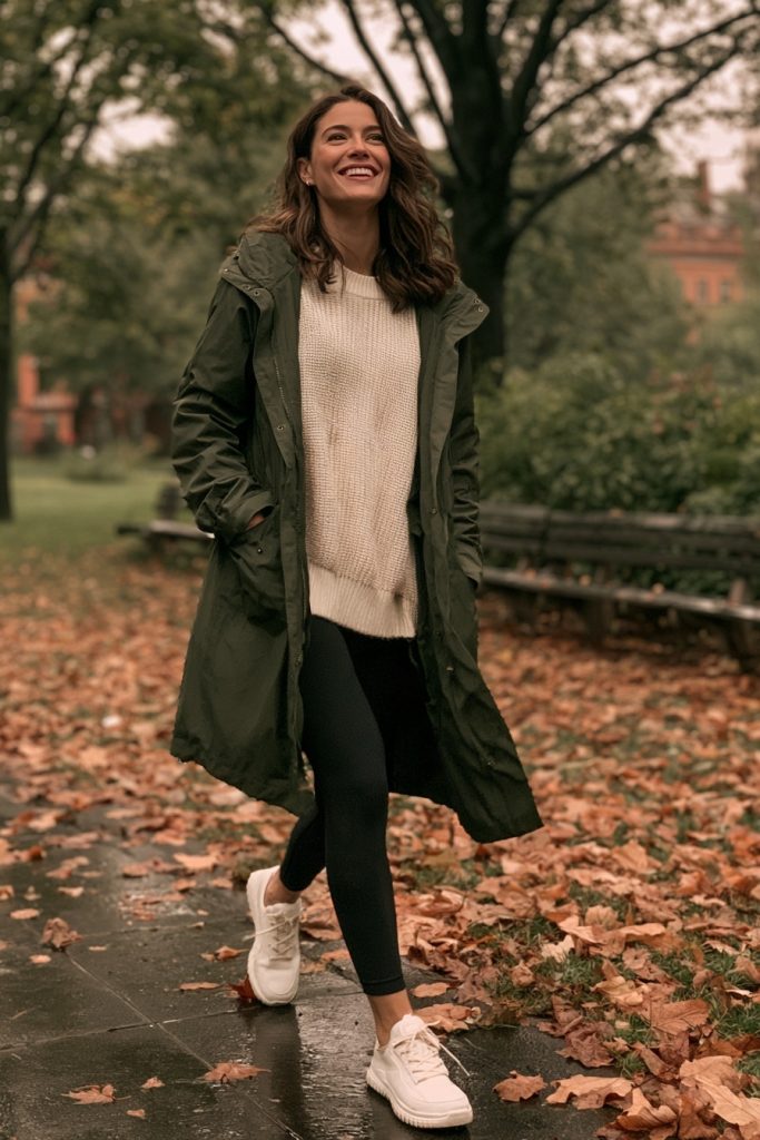Smiling woman in a long olive hooded coat over a cream chunky knit sweater, black leggings and white sneakers, walking over wet autumn leaves