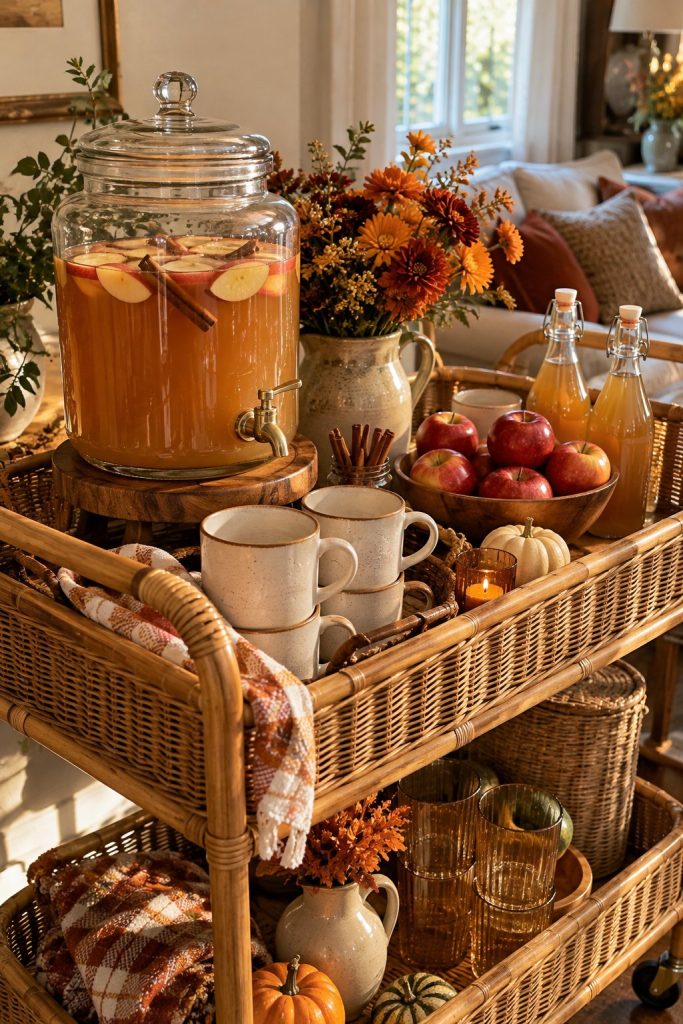 Rattan bar cart drink station with a glass dispenser of cider colored drink, bottles, mugs, apples and orange flowers