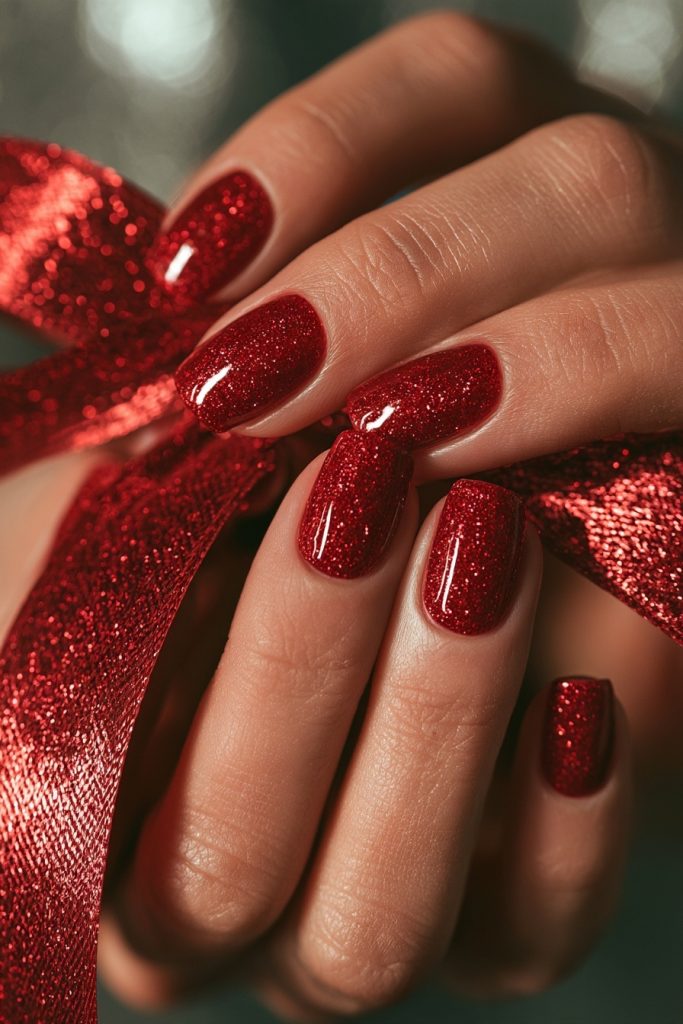 Close-up of a hand with red glitter nails holding a red ribbon