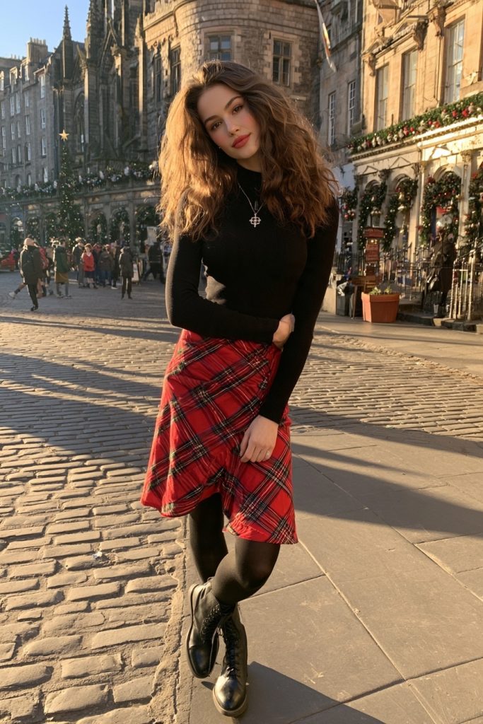 Woman in a red tartan wrap skirt with a black fitted top, black tights and ankle boots on a festive cobbled street