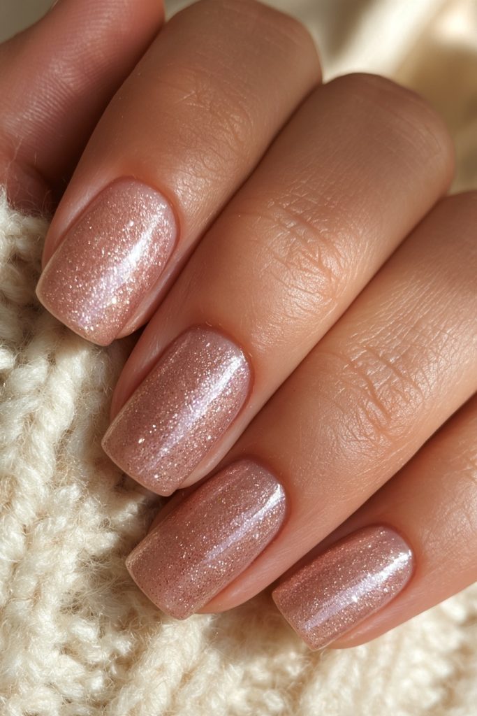 Hand with rose gold fine glitter nails on a cream sweater