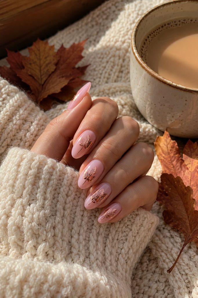 Soft pink almond nails with rose gold leaf stickers next to a sheet of nail stickers