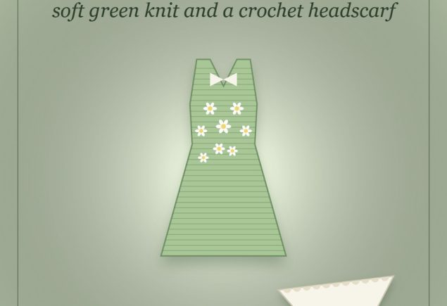 Illustrated graphic of Sabrina Carpenter’s soft green knit dress and white crochet headscarf