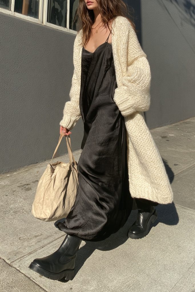 Woman in a black satin slip dress layered under a chunky cream knit cardigan with black chunky boots holding a cream tote