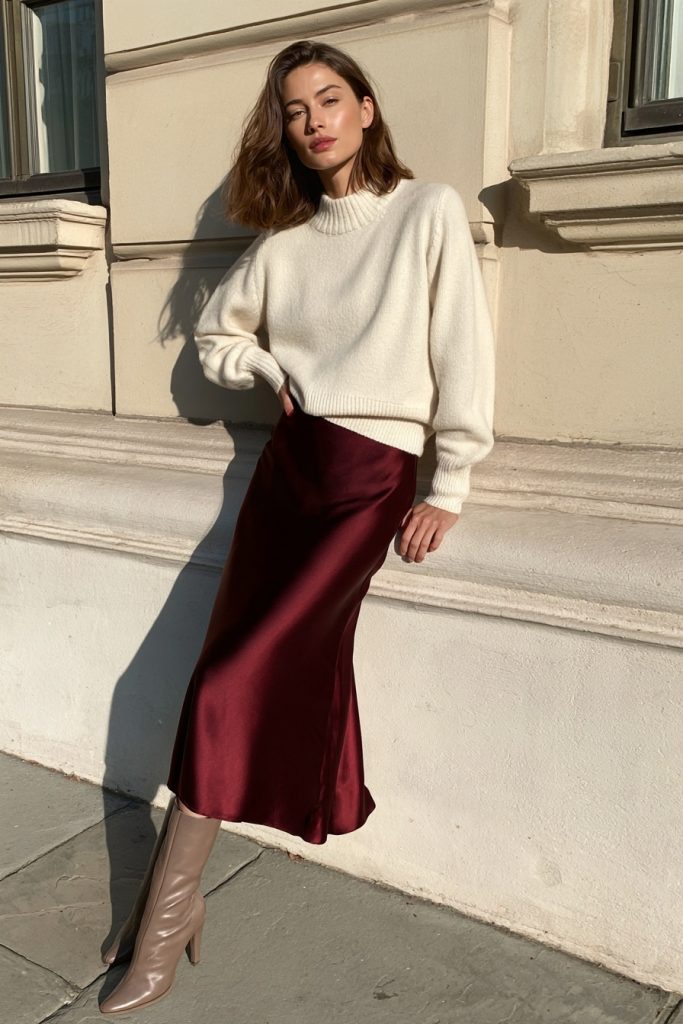 Woman in a cream sweater and a burgundy satin midi skirt with brown heeled boots leaning on a stone wall
