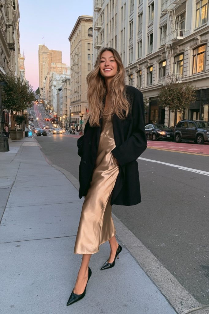 Woman walking down a city street in a champagne satin slip midi dress under a long black blazer with black pointed heels