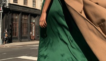 satin dress outfit emerald camel coat