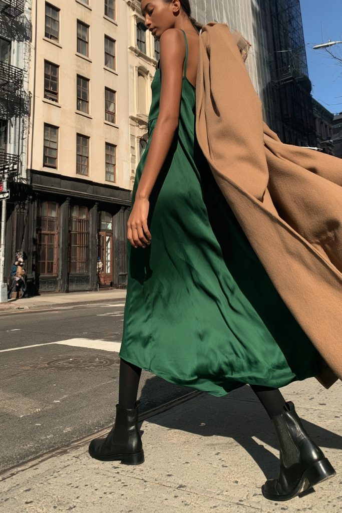 Woman in an emerald green satin midi dress with an open camel coat and black boots walking on a city street