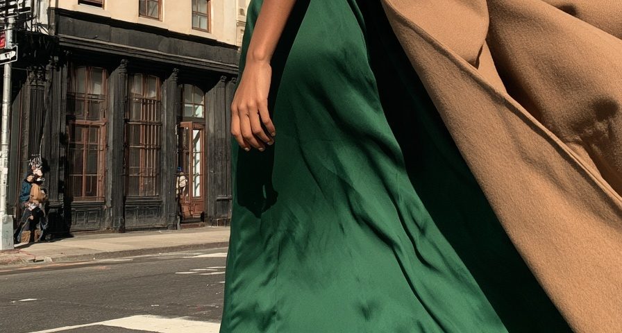 satin dress outfit emerald camel coat