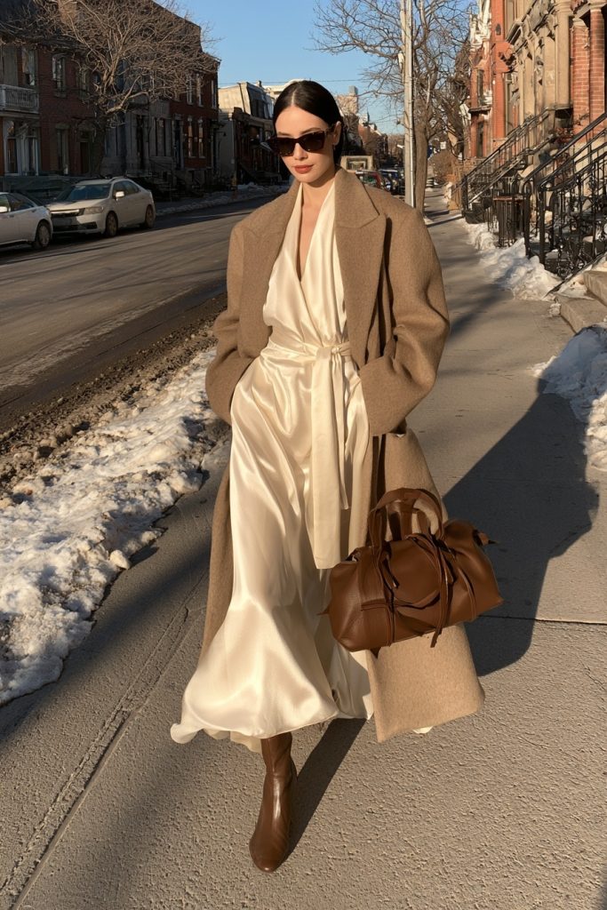 Woman in an ivory satin midi dress with a camel wool coat and brown boots carrying a brown handbag on a snowy sidewalk