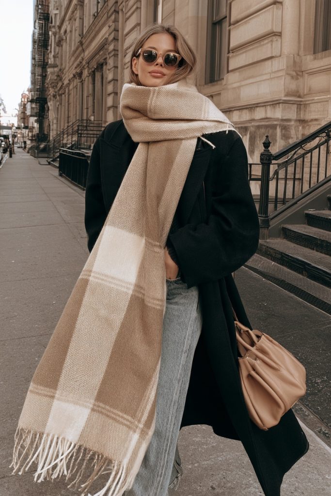 Woman wearing a camel and cream plaid fringed blanket scarf over a long dark green coat with light blue jeans and a small tan bag