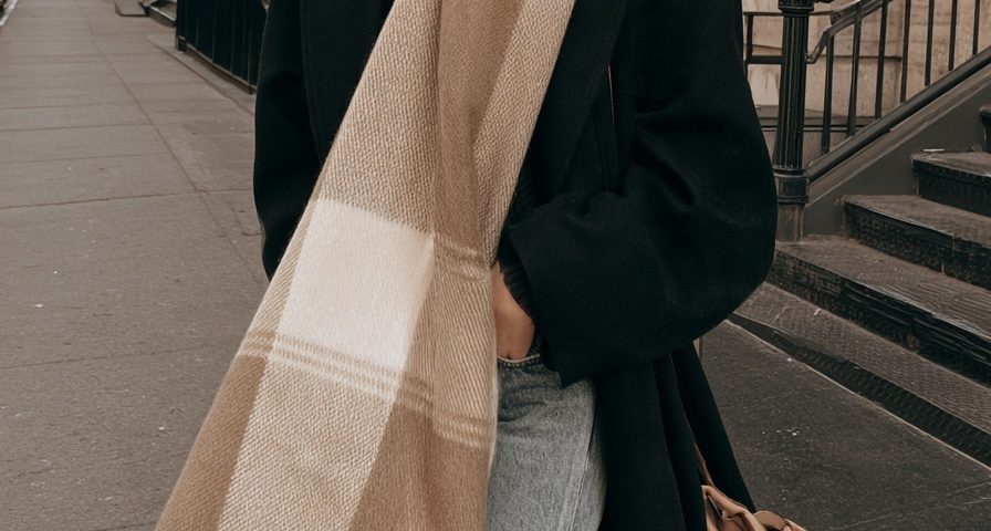 scarf outfit camel plaid blanket scarf coat