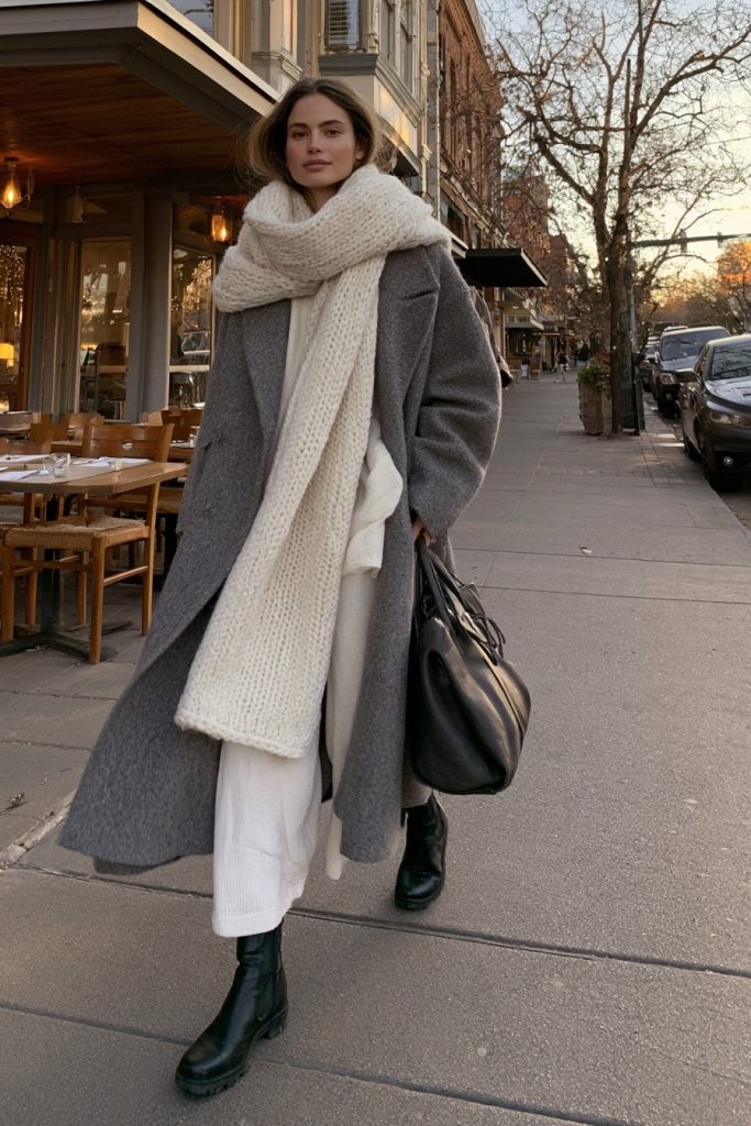 Woman in a chunky cream knit scarf and a long grey wool coat with cream trousers, black boots and a black shoulder bag on a city street