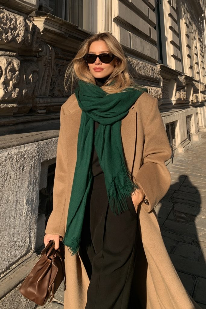 Woman in an emerald green scarf and a long camel coat with black trousers carrying a brown bag in warm winter light