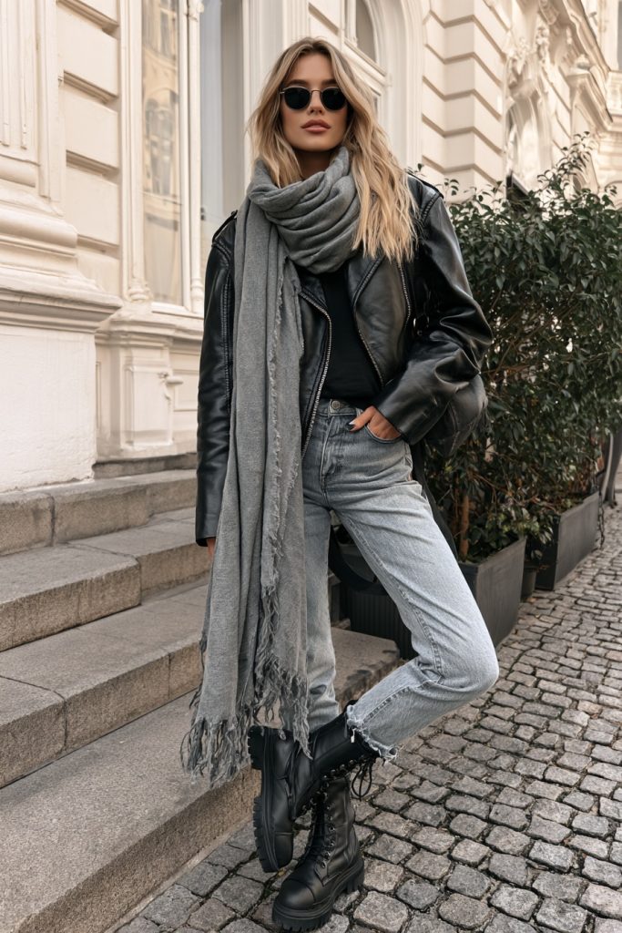 Woman in a long grey scarf, a black leather jacket, light jeans and black lace-up boots with sunglasses on cobblestones