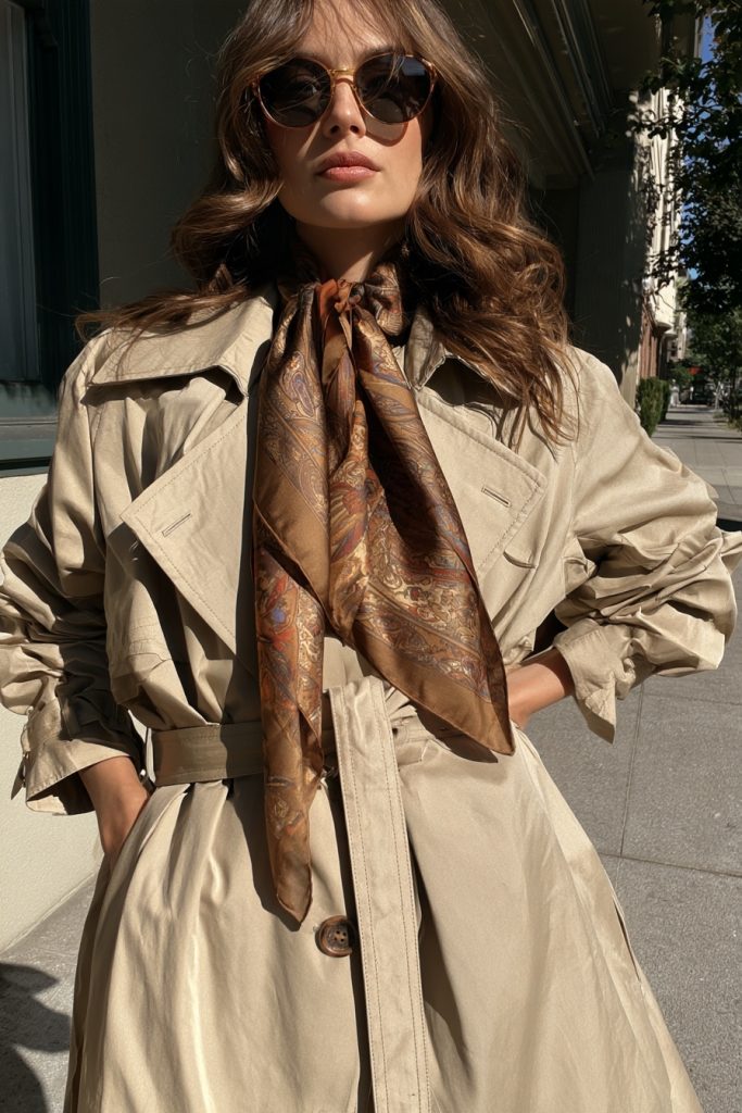 Woman in a beige trench coat with a brown and gold printed silk scarf tied at her neck and sunglasses