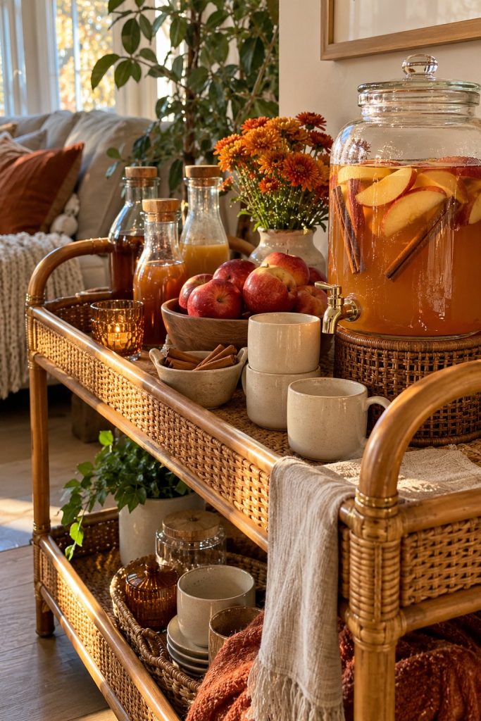 Rattan bar cart drink station with a glass dispenser of cider, bottles, mugs, apples and orange flowers