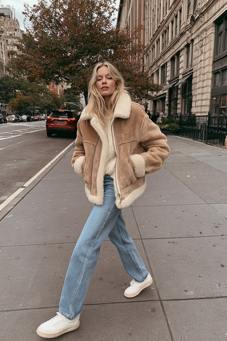 Woman in a camel shearling jacket with straight leg blue jeans and white trainers on a city street