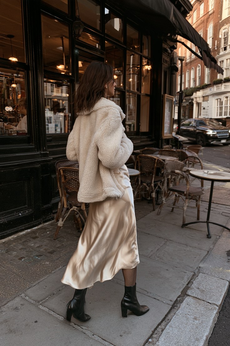 Woman in a champagne satin slip dress with an ivory shearling jacket and black ankle boots