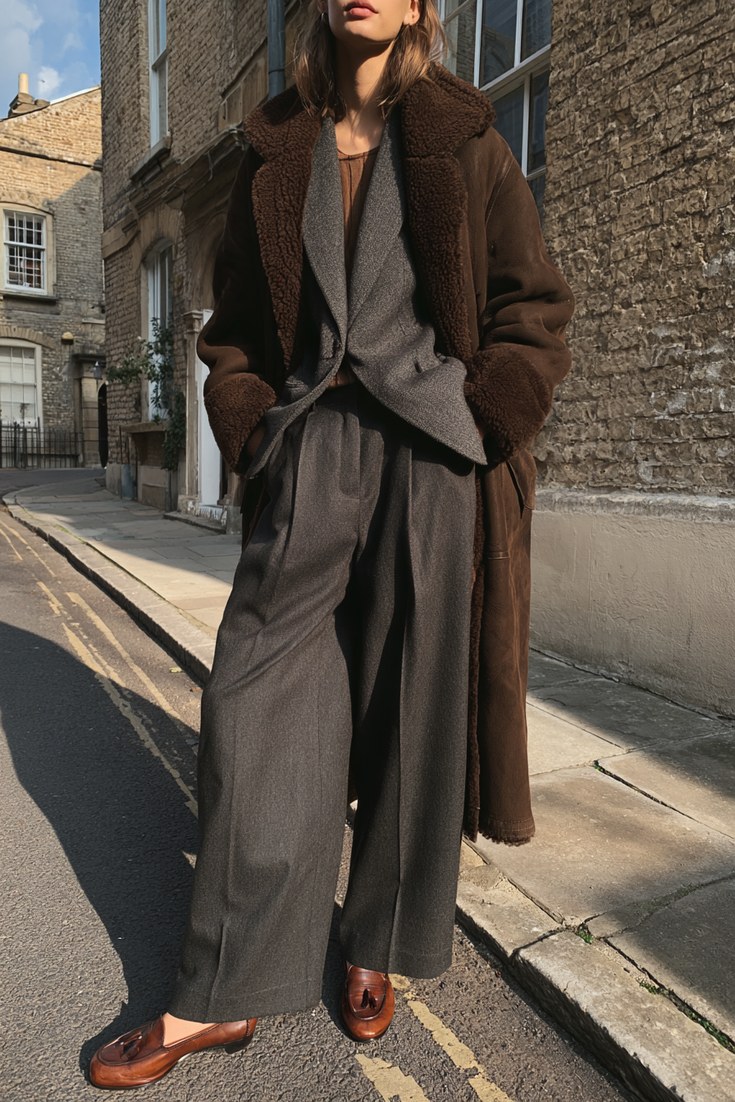Woman in a chocolate shearling coat over a grey blazer and straight tailored trousers with loafers