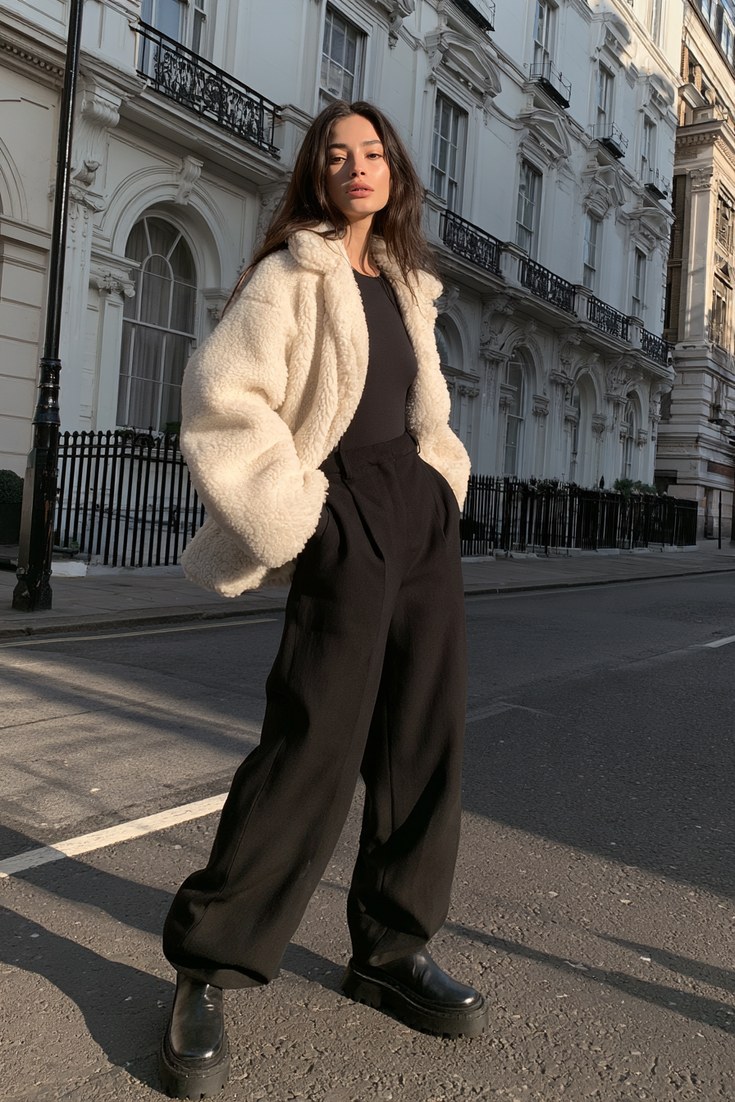Woman in a cropped cream shearling jacket with high waisted wide leg trousers