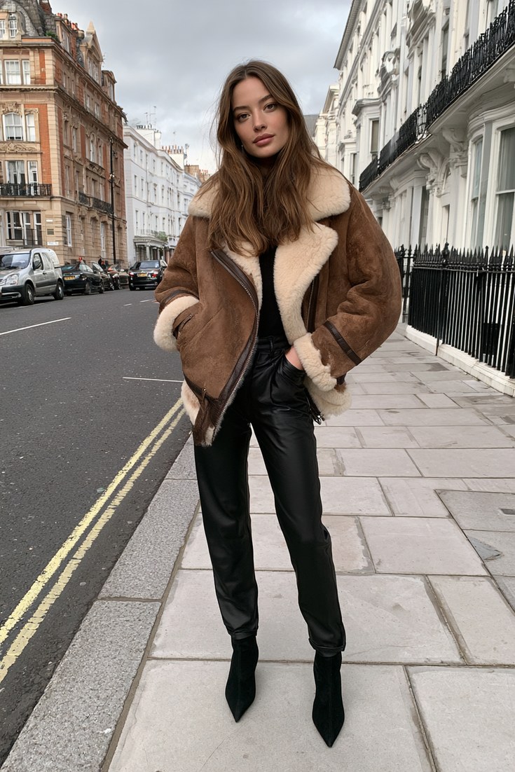Woman in a brown aviator shearling jacket with black trousers and boots