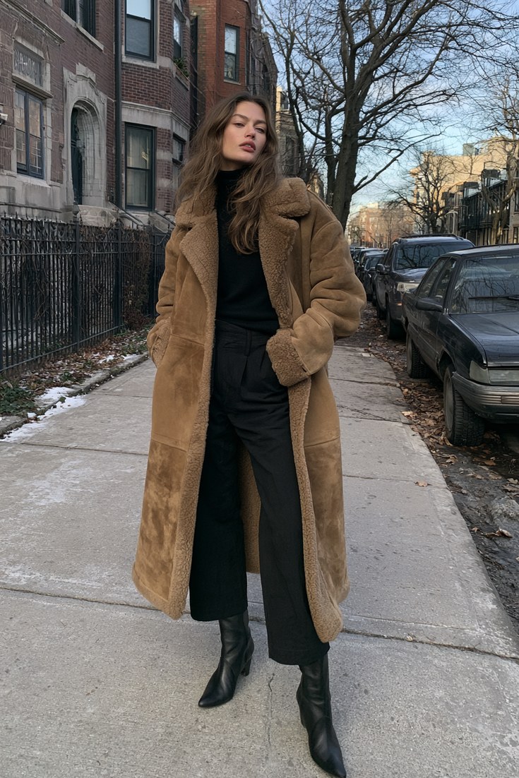 Woman in a long camel shearling coat with all black outfit and boots