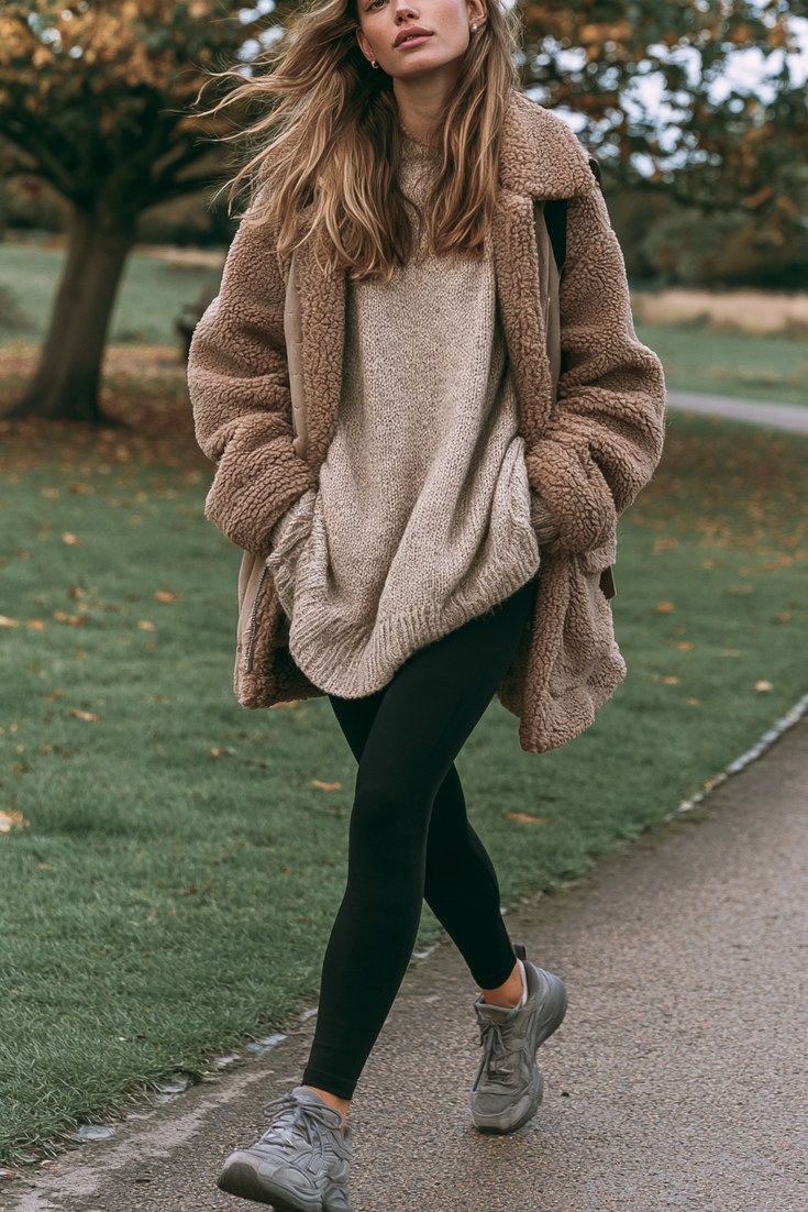 Woman in a tan shearling jacket with black leggings, oatmeal long knit and trainers