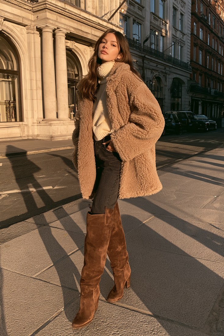 Woman in a camel teddy shearling coat with knee-high suede boots and dark trousers