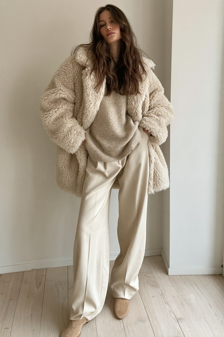 Woman in an all cream and camel outfit with an ivory shearling jacket