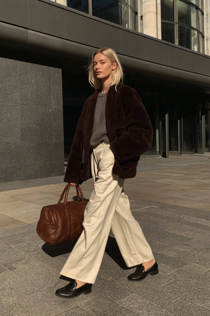 Woman in a brown shearling jacket with a fine knit, cream trousers and loafers for work