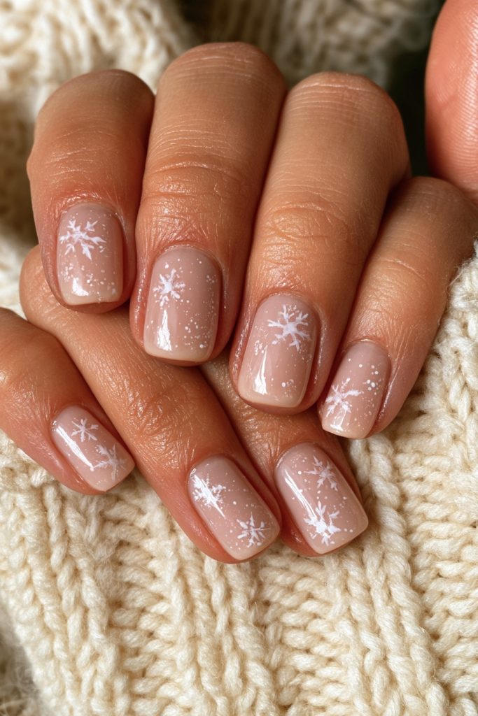 Close-up of a hand with short sheer pink nails and small white hand-painted snowflakes against a cream knit sweater