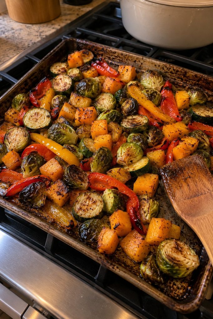 Sheet pan of roasted peppers, brussels sprouts, squash and zucchini