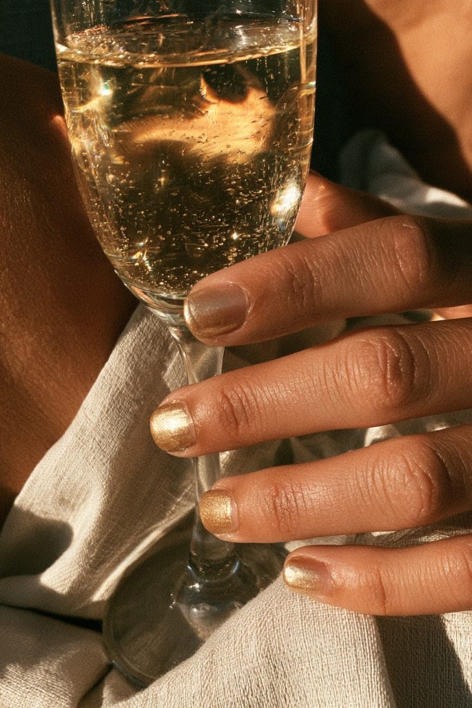 Close up of hands with short gold chrome nails holding a champagne flute