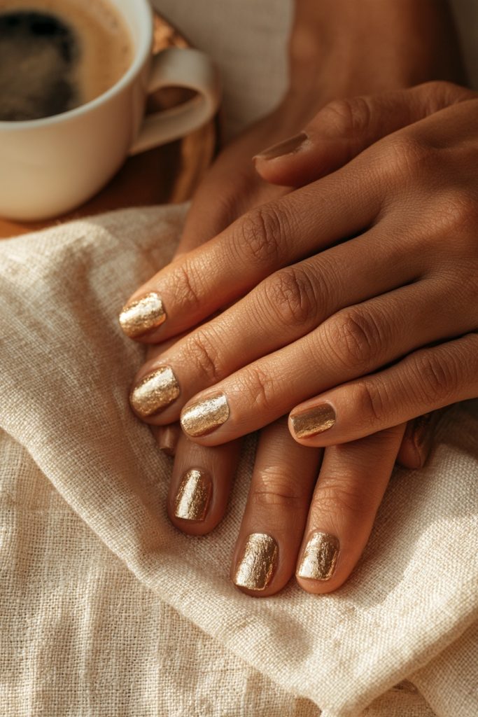 Close up of hands with short gold foil nails resting on a cream linen napkin