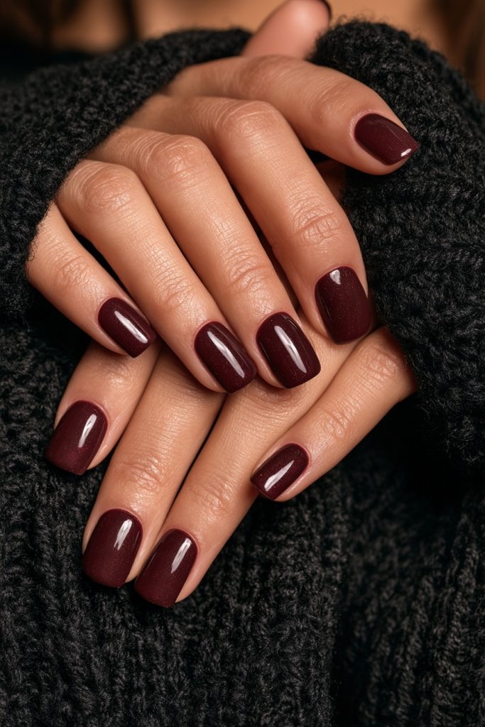 Close up of hands with short glossy plum nails resting on a black knit sweater