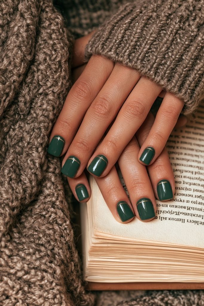 Close up of hands with short square dark green nails resting on an open book and a knit sweater