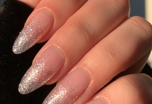 Close-up of a hand with silver glitter ombre almond nails fading from a sheer pink base on black velvet