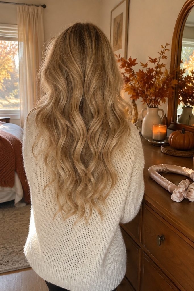 Before and after of a single wrap heatless curl rod on long blonde hair with loose waves